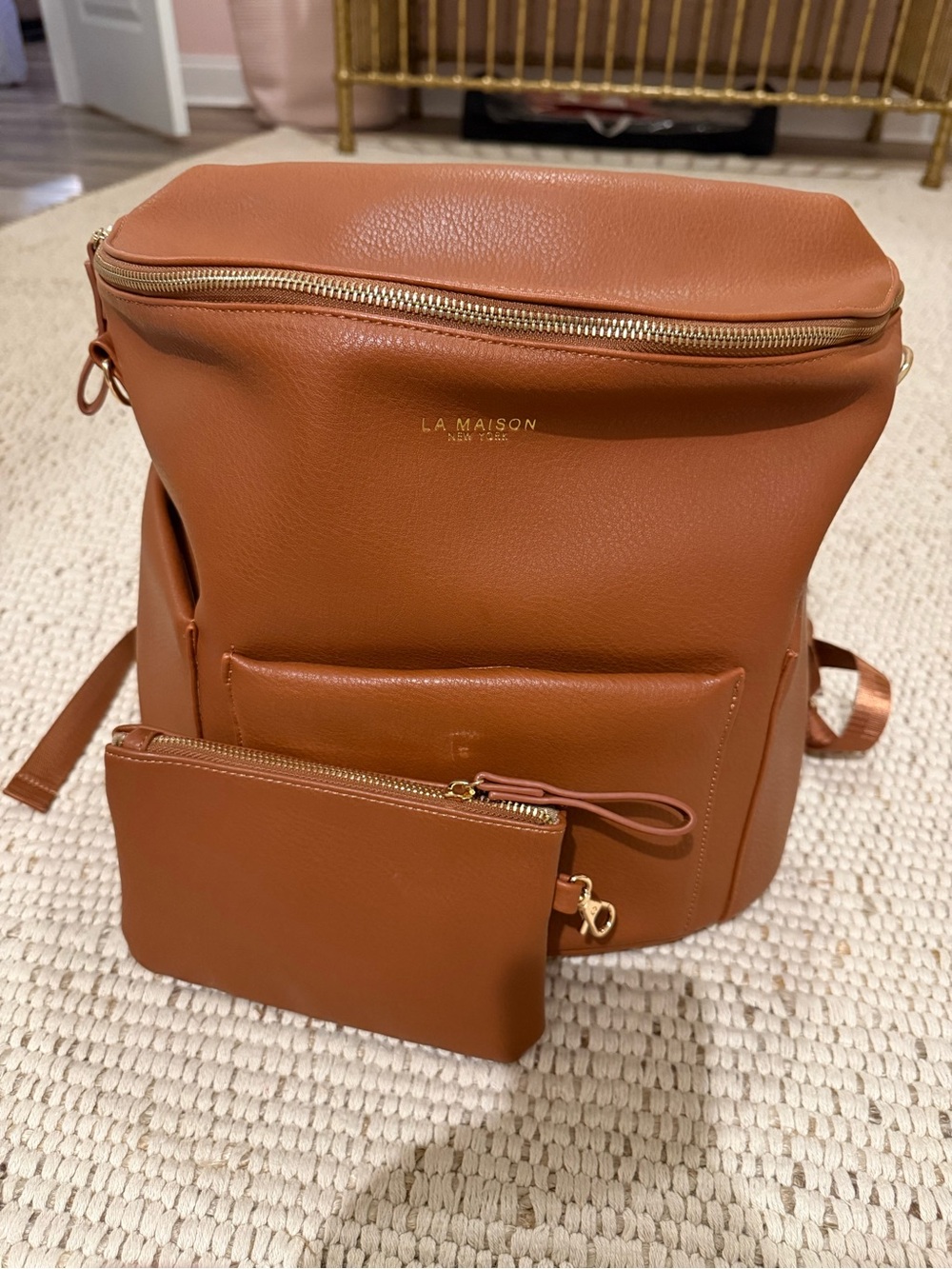 Faux Leather Diaper Bag Backpack in Cognac